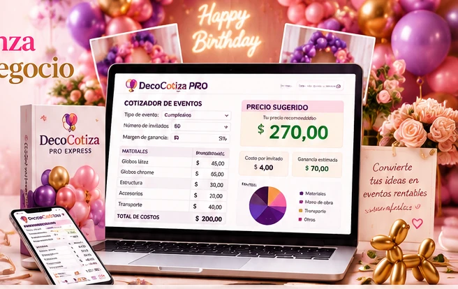 Presentación ilustrativa de DecoCotiza PRO con laptop, planilla y decoración con globos
